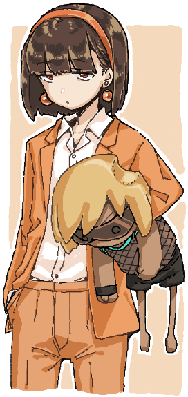 1girl, blunt_bangs, brown_hair, character_doll, closed_mouth, collared_shirt, cowboy_shot, earrings