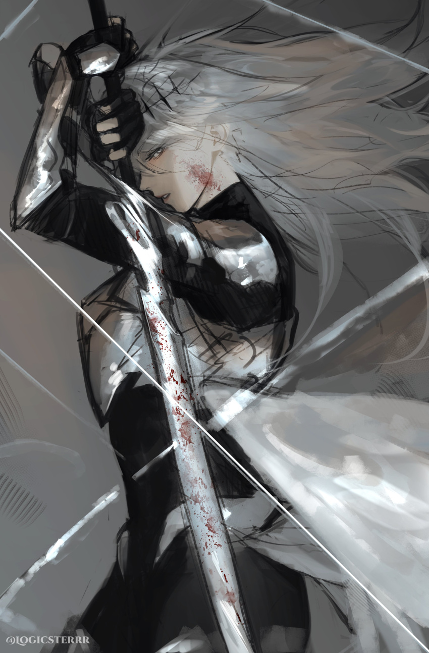 1girl, absurdres, armor, armored_gloves, armored_leotard, arms_up, blood, blood_on_face