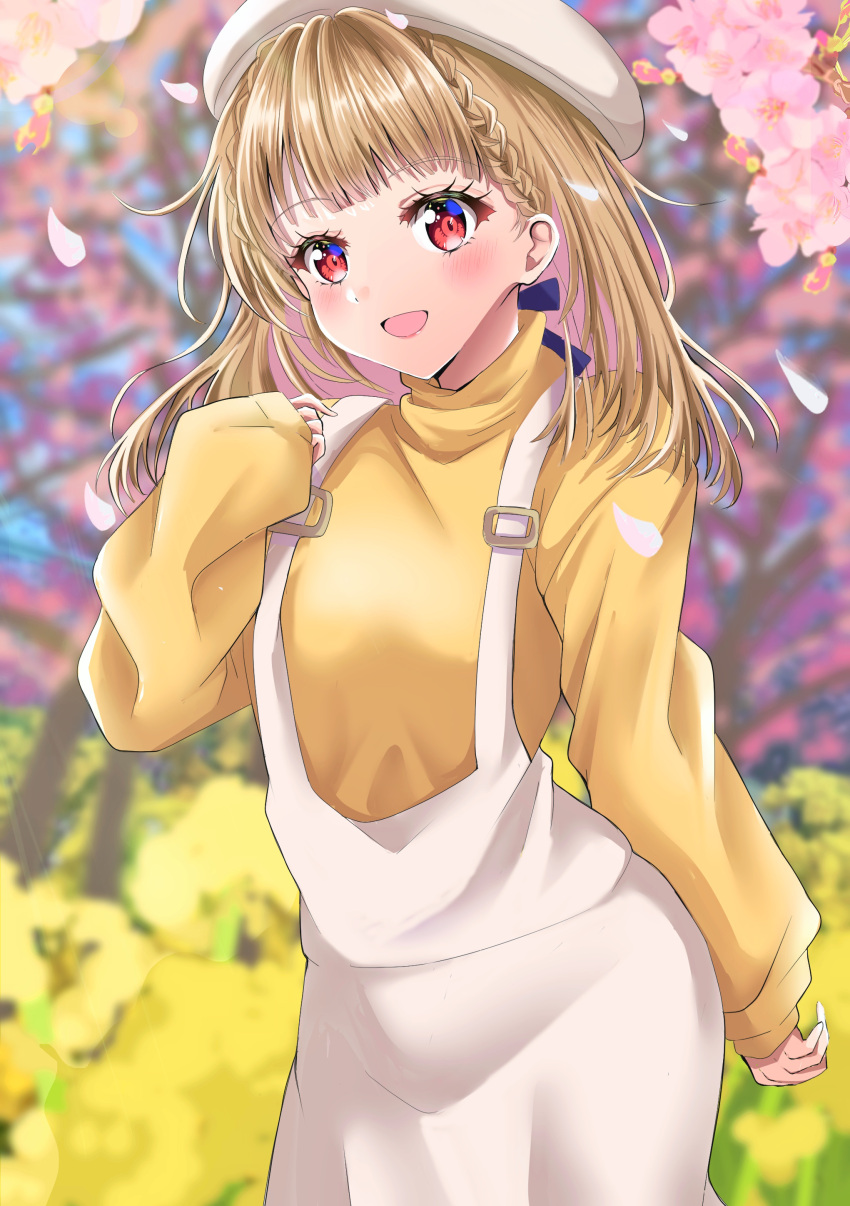 1girl, :d, absurdres, beret, black_bow, blurry, blurry_background, blush, bow, braid, brown_hair, center-flap_bangs, cherry_blossoms, commentary_request, cowboy_shot, dress, hair_bow, hat, highres, kachimachi_kosuzu, kachimachi_kosuzu_(osanpo_nikki), link!_like!_love_live!, long_hair, long_sleeves, looking_at_viewer, love_live!, maymaru, official_alternate_costume, open_mouth, outdoors, pinafore_dress, pink_eyes, red_eyes, side_braids, sleeveless, sleeveless_dress, sleeves_past_wrists, smile, solo, straight_hair, sweater, virtual_youtuber, white_dress, white_hat, yellow_sweater
