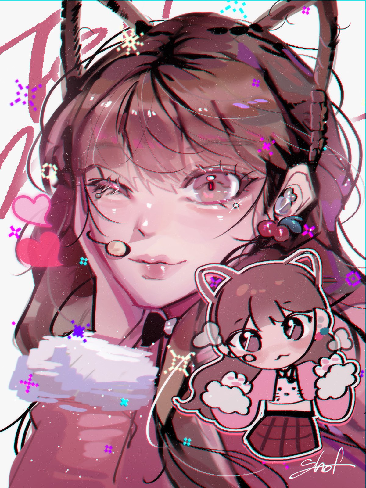 1girl, animification, brown_eyes, brown_hair, cherry_earrings, chibi, chibi_inset, earpiece