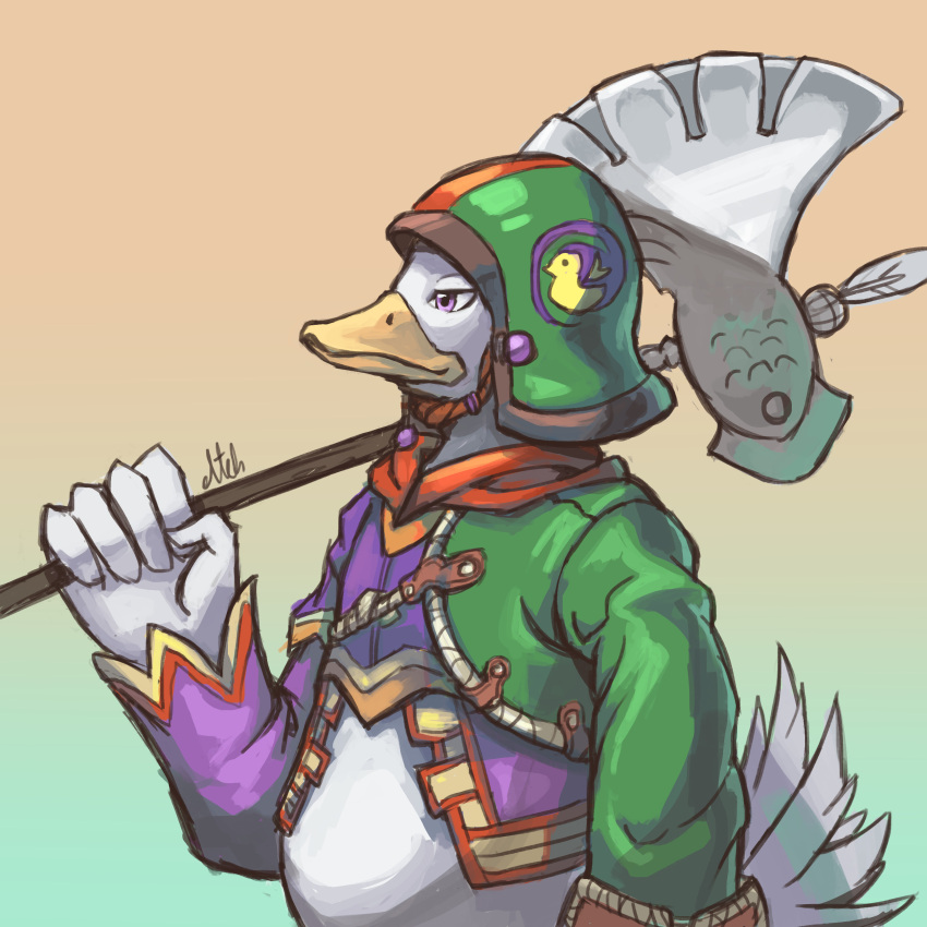 1boy, absurdres, asymmetrical_clothes, axe, beak, commentary, duck_boy, english_commentary