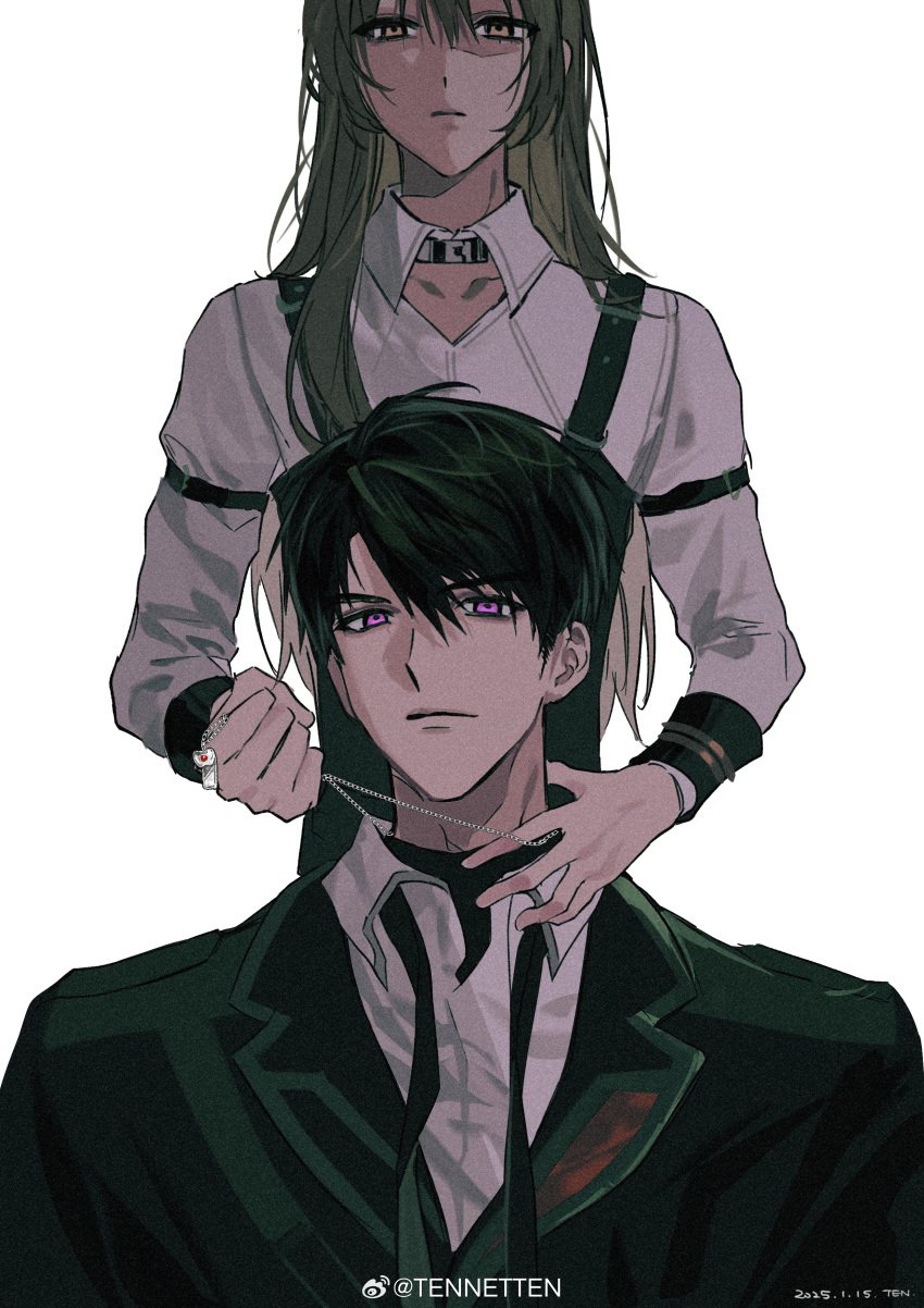 1boy, 1girl, absurdres, black_hair, caleb_(love_and_deepspace), closed_mouth, collared_shirt, commentary_request