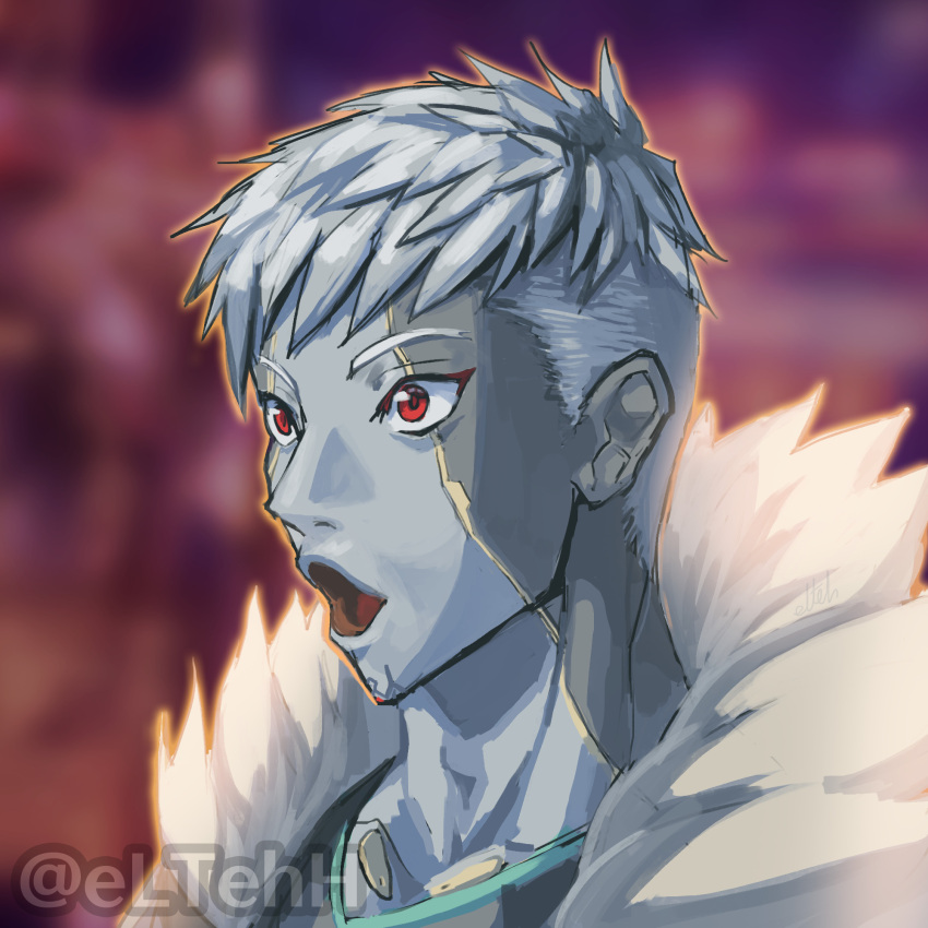 1boy, blurry, blurry_background, colored_skin, commentary, english_commentary, errantsquam, fur_trim
