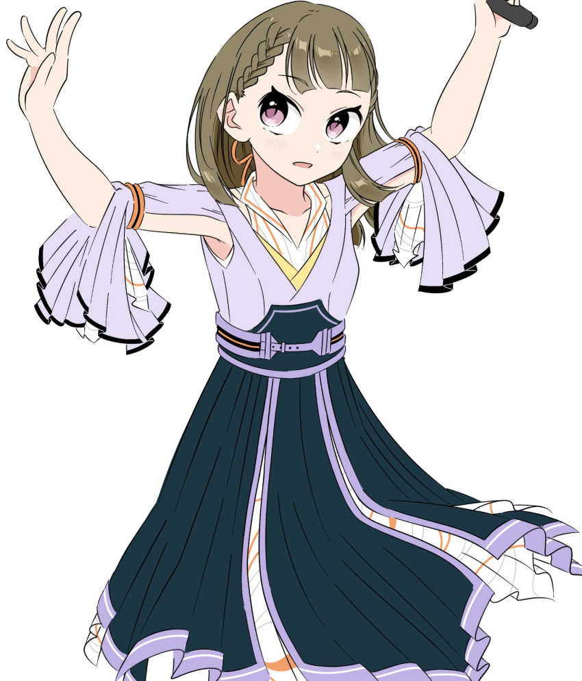 1girl, alternate_costume, armpits, arms_up, braid, brown_hair, collarbone, collared_dress