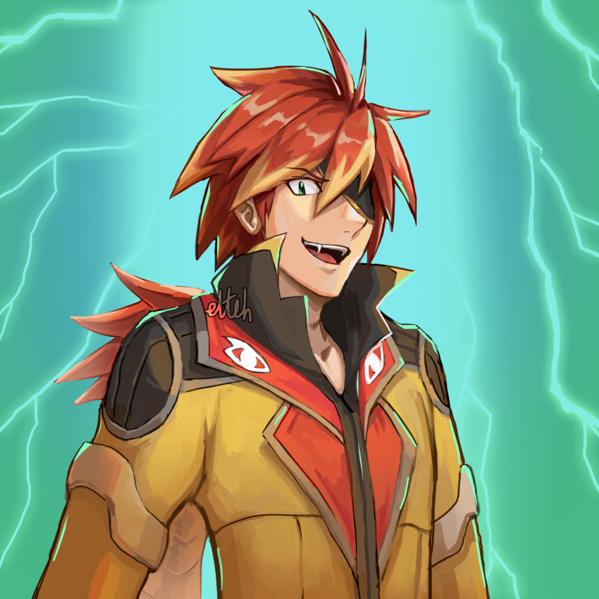 1boy, aqua_eyes, blonde_hair, commentary, english_commentary, errantsquam, eyepatch, fang, green_background, highres, long_hair, male_focus, multicolored_hair, open_mouth, original, profile, red_hair, smile, solo, streaked_hair, two-tone_hair