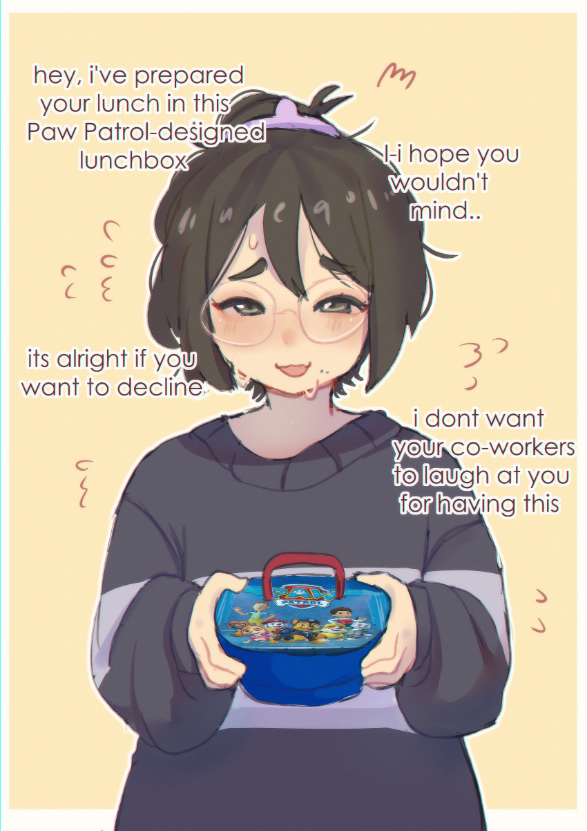 1girl, absurdres, black_eyes, black_hair, black_sweater, commentary, creator_(neneneqo), english_text, flying_sweatdrops, glasses, highres, lunchbox, mole, mole_under_mouth, neqo_(neneneqo), nervous_sweating, original, paw_patrol, ponytail, raised_inner_eyebrows, solo, sweat, sweater, symbol-only_commentary, upper_body, yellow_background