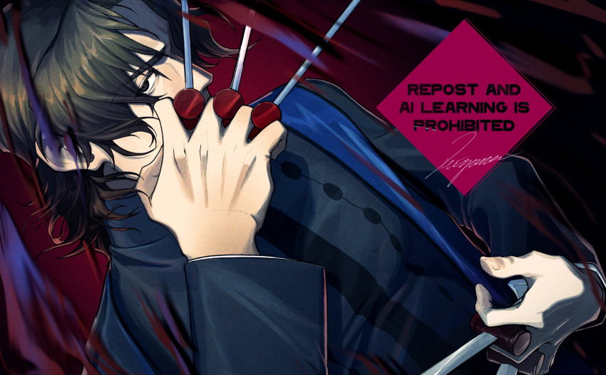 1boy, between_fingers, black_eyes, brown_hair, commentary_request, covered_mouth, fate/grand_order, fate_(series)