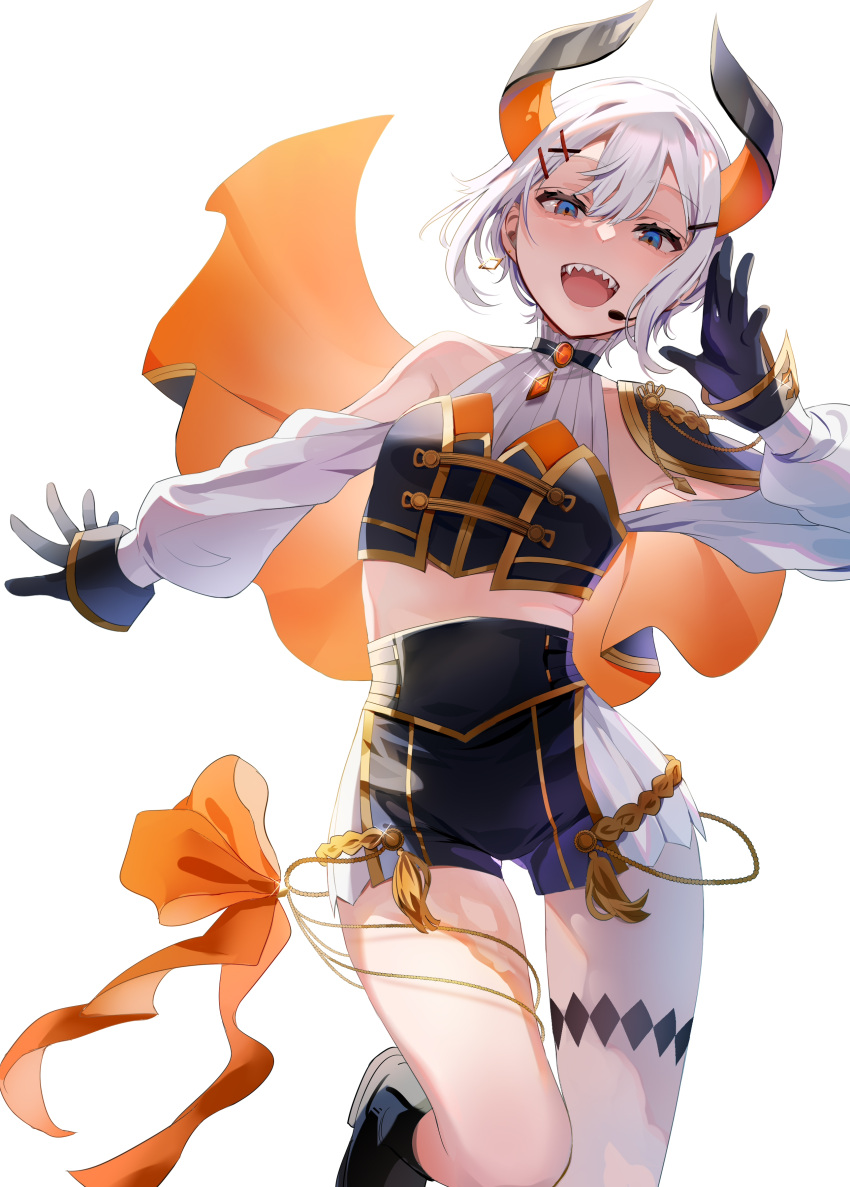 1girl, absurdres, black_gloves, black_horns, blue_eyes, gloves, hair_ornament, hairclip, headset, highres, horns, levi_elipha, looking_at_viewer, mo_(mornmorm), multicolored_horns, nijisanji, open_mouth, orange_horns, sharp_teeth, simple_background, solo, teeth, two-tone_horns, upper_teeth_only, virtual_youtuber, white_background, white_hair, x_hair_ornament