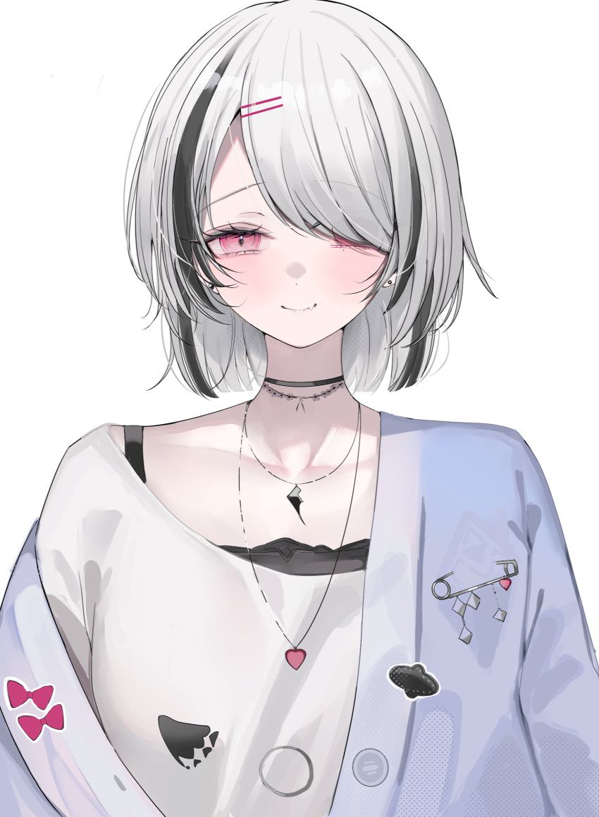 1girl, absurdres, asumi_sena, asumi_sena_(5th_costume), black_choker, black_hair, blush, choker, closed_mouth, eyes_visible_through_hair, fang, grey_hair, grey_shirt, hair_ornament, hair_over_one_eye, hairclip, half-closed_eyes, highres, jacket, jewelry, looking_at_viewer, multicolored_hair, necklace, onigirimeshitya, pink_eyes, shirt, simple_background, solo, streaked_hair, two-tone_hair, virtual_youtuber, vspo!, white_background