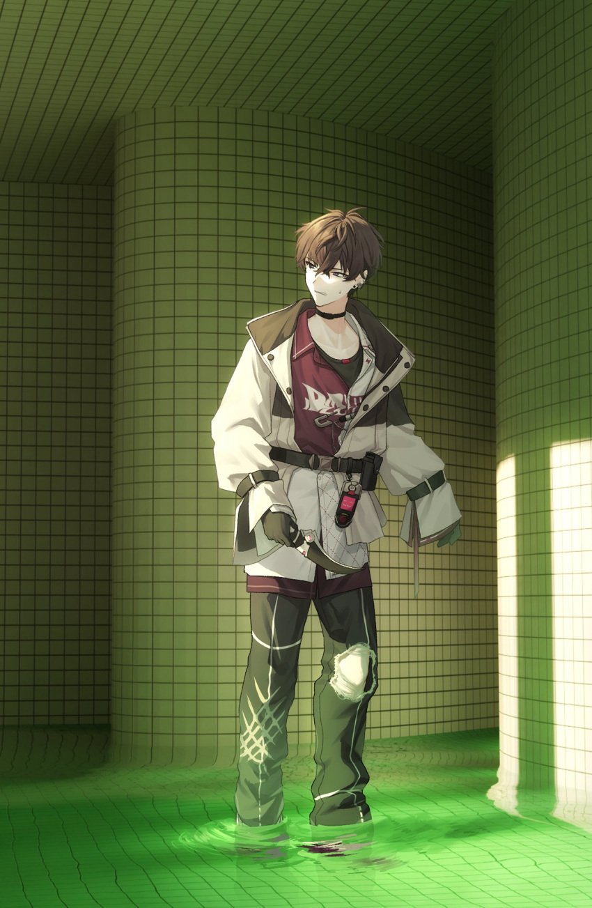 1boy, backrooms_(creepypasta), black_choker, black_gloves, black_pants, black_undershirt, brown_hair, choker, dream_pool, ear_piercing, gloves, grey_eyes, highres, holding, holding_knife, jacket, knife, male_focus, maruta_(rintonosousaku), nijisanji, pants, piercing, red_shirt, saiki_ittetsu, shirt, solo, sweatdrop, two-tone_shirt, virtual_youtuber, water, white_shirt