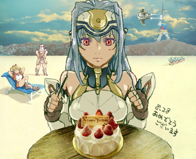 2boys, 2girls, android, blonde_hair, blue_hair, breasts, cake, chrono_cross