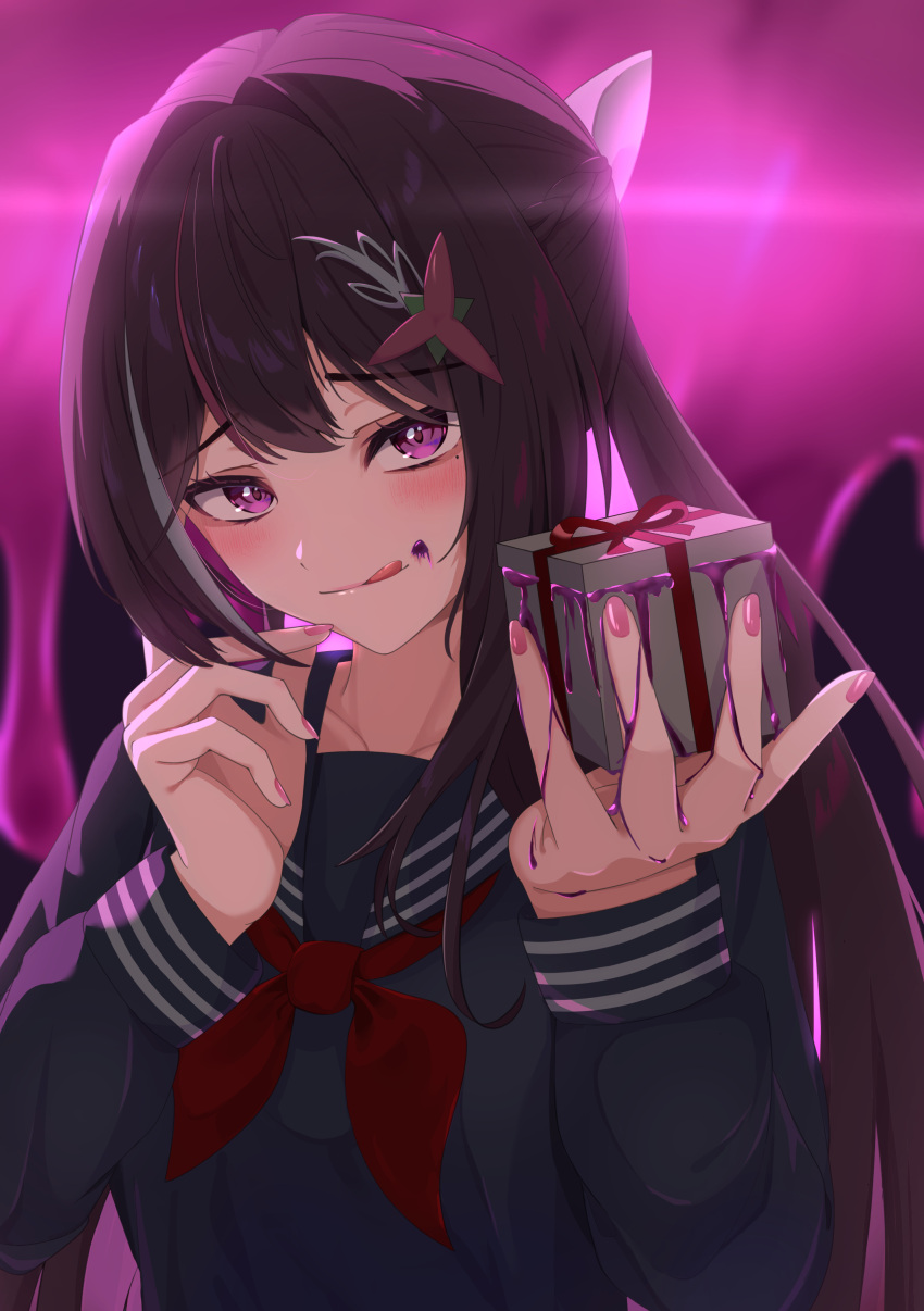 1girl, absurdres, azki_(hololive), bare_shoulders, black_sailor_collar, black_serafuku, blush, bow, brown_hair, colored_inner_hair, commentary_request, double-parted_bangs, gift, glowing, hair_between_eyes, hair_bow, hair_intakes, hair_ornament, hairclip, half_up_braid, half_updo, highres, holding, holding_gift, hololive, licking_lips, long_hair, long_sleeves, looking_at_viewer, mole, mole_under_eye, multicolored_hair, nail_polish, neckerchief, nmhdtnr1, oozing, pink_hair, pink_nails, raised_inner_eyebrows, red_neckerchief, sailor_collar, school_uniform, serafuku, solo, streaked_hair, tongue, tongue_out, upper_body, very_long_hair, violet_eyes, virtual_youtuber, white_hair, yandere