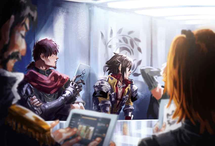 1girl, 4boys, armor, bcbcmmmmm, black_hair, cape, edward_teach_(fate), facial_hair