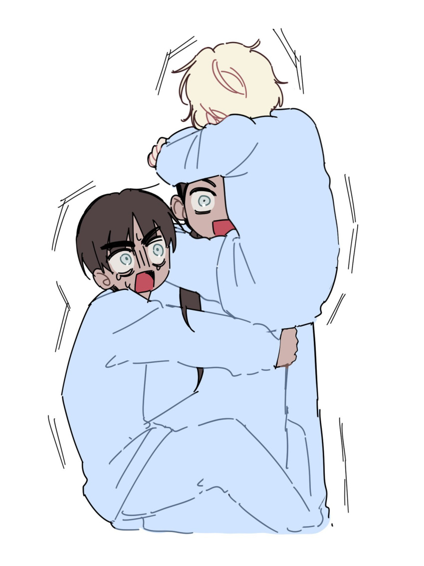 1girl, 2boys, aged_down, alien_stage, blonde_hair, brown_hair, carrying, commentary_request