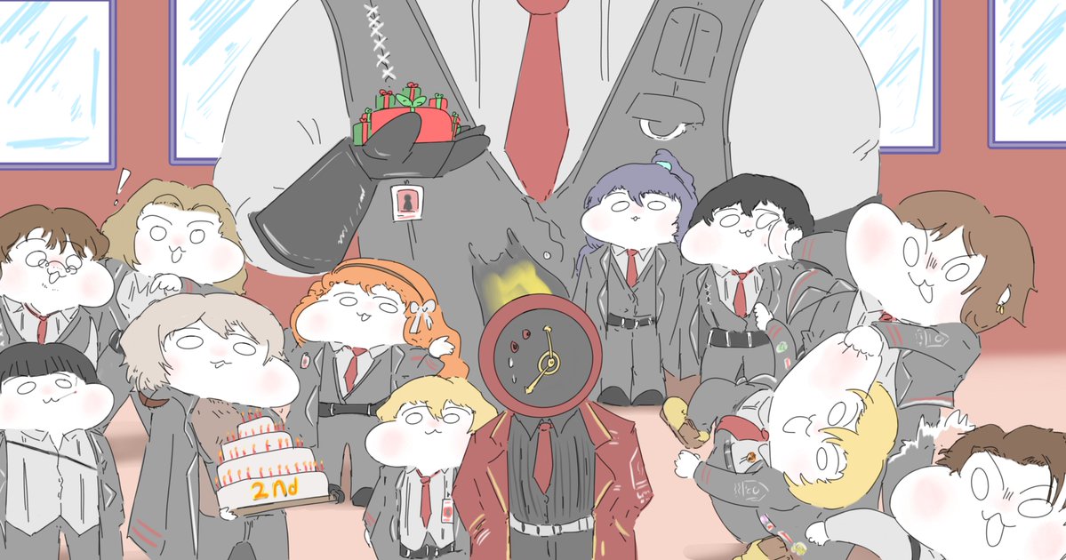 1other, black_pants, cake, chibi, clock, clothed_robot, coat, collared_shirt, dante_(limbus_company), don_quixote_(project_moon), faust_(project_moon), flaming_head, food, giant, gregor_(project_moon), heathcliff_(project_moon), height_difference, hen_na, hong_lu_(project_moon), lapels, limbus_company, mephistopheles_(project_moon), meursault_(project_moon), necktie, object_head, outis_(project_moon), pants, project_moon, puffy_cheeks, red_coat, red_necktie, robot, rodion_(project_moon), ryoshu_(project_moon), shirt, sinclair_(project_moon), size_difference, yi_sang_(project_moon)