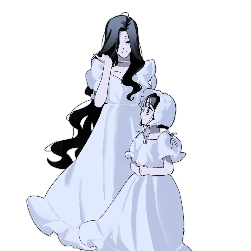 2girls, aged_down, alien_stage, black_hair, bonnet, child, choker, closed_eyes