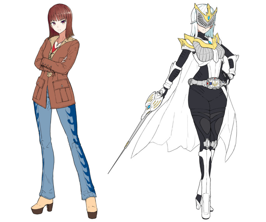 2girls, armor, belt, black_bodysuit, blancvisor, blue_pants, bodysuit, boots, brown_boots, brown_coat, brown_eyes, brown_hair, cape, coat, commentary, cross, cross_necklace, crossed_arms, denim, dual_persona, eidenjyou1997, eye_mask, full_body, hand_on_own_hip, high_heel_boots, high_heels, holding, holding_sword, holding_weapon, jeans, jewelry, kamen_rider, kamen_rider_femme, kamen_rider_ryuki:_episode_final, kamen_rider_ryuki_(series), kirishima_miho, knee_boots, light_frown, looking_at_viewer, medium_hair, multiple_girls, necklace, pants, platform_boots, rapier, red_shirt, rider-tan, rider_belt, shirt, simple_background, standing, sword, v_buckle, weapon, white_armor, white_background, white_boots, white_cape, white_hair