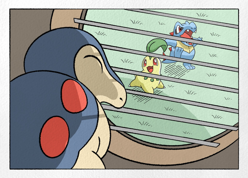 border, chikorita, closed_eyes, cyndaquil, english_commentary, fangs, grass, highres