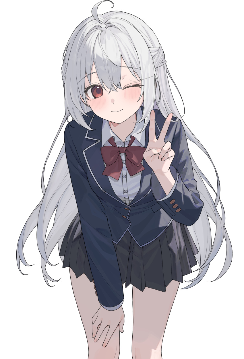 1girl, absurdres, ahoge, black_skirt, blazer, blue_jacket, bow, bowtie