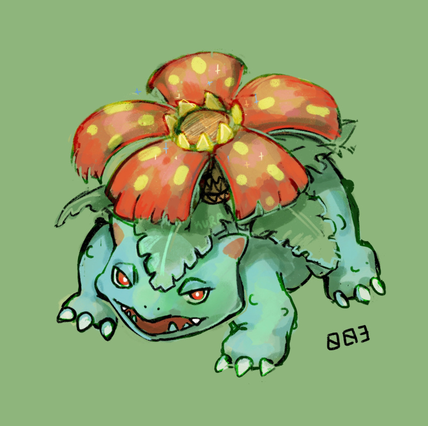 animal_focus, claws, fangs, full_body, green_background, highres, kurapixel, looking_at_viewer