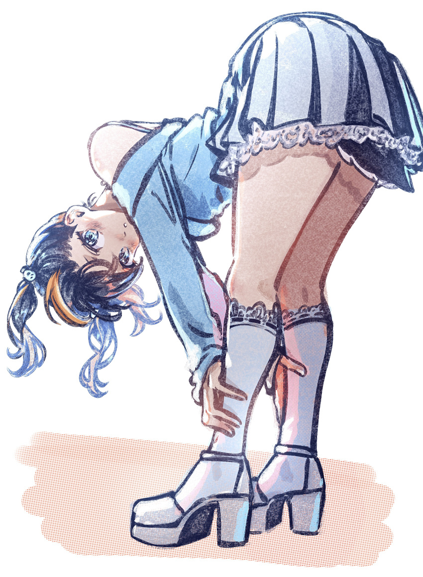 1girl, :o, absurdres, ass, bent_over, black_hair, blue_eyes, blush