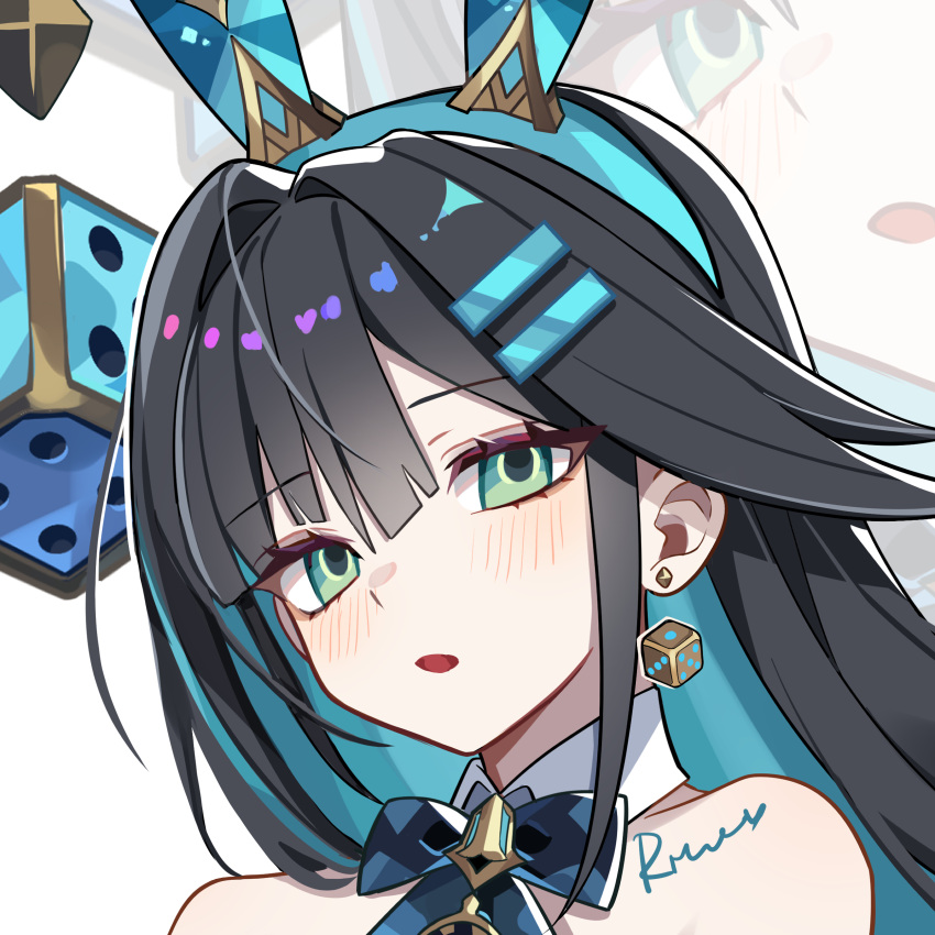 abigail_(black_survival), abigail_(poker_face)_(black_survival), absurdres, animal_ears, bare_shoulders, black_hair, black_survival, blue_hair