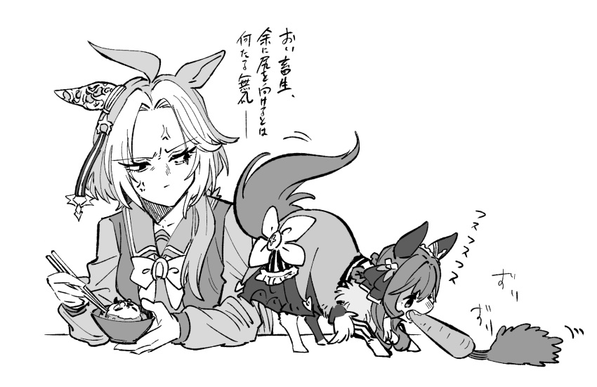 1girl, ahoge, anger_vein, animal_ears, animalization, annoyed, bow, bowl