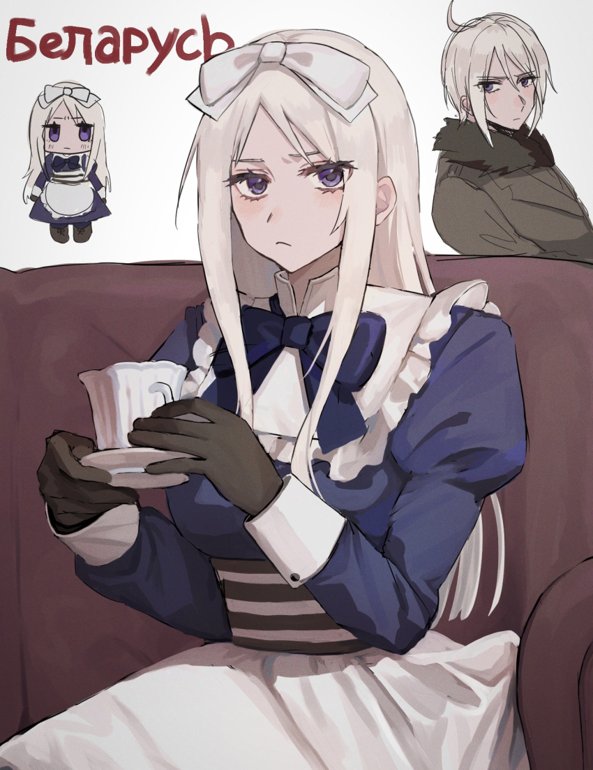 1boy, 1girl, ahoge, apron, axis_powers_hetalia, belarus_(hetalia), belarus_(male)_(hetalia), black_boots, black_coat, black_gloves, blue_bow, blue_bowtie, blue_dress, boots, bow, bowtie, breasts, closed_mouth, coat, commentary_request, couch, cup, dress, dual_persona, fur-trimmed_coat, fur_trim, genderswap, genderswap_(ftm), gloves, hair_between_eyes, hair_bow, hands_up, highres, himoon666, holding, holding_cup, holding_plate, juliet_sleeves, lapels, long_hair, long_sleeves, looking_at_viewer, medium_breasts, on_couch, plate, puffy_sleeves, russian_text, short_hair, sidelocks, simple_background, sitting, violet_eyes, white_apron, white_background, white_bow, white_hair