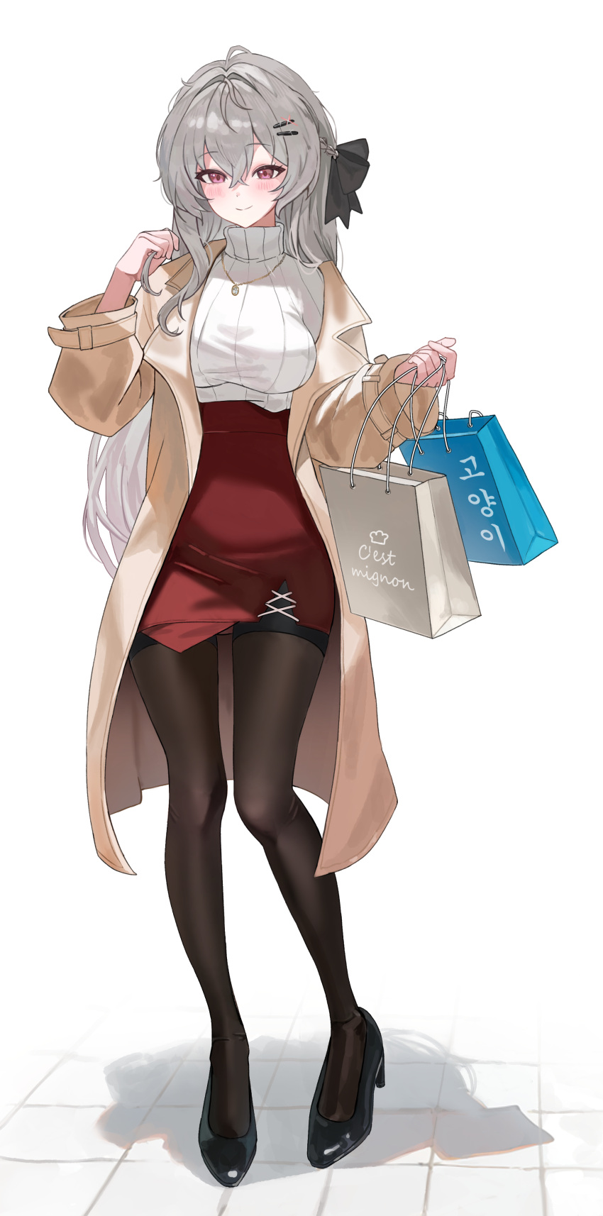 1girl, absurdres, alternate_costume, bag, black_pantyhose, black_ribbon, black_shoes, blush