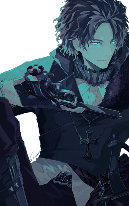 1boy, bartholomew_roberts_(fate), black_shirt, blue_eyes, closed_mouth, cross, cross_necklace, fate/grand_order