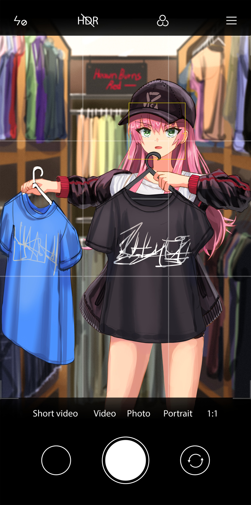 1girl, 96mako, absurdres, aikawa_megumi, baseball_cap, black_jacket, clothes_hanger, clothes_shop