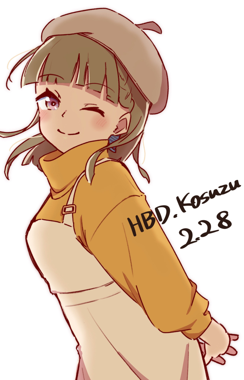 1girl, ;), absurdres, arms_behind_back, beret, black_bow, blush, bow