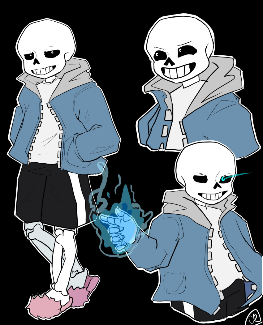 1boy, 2023, 2d, amorthlen, black_shorts, blue_jacket, digital_media, flaming_eye
