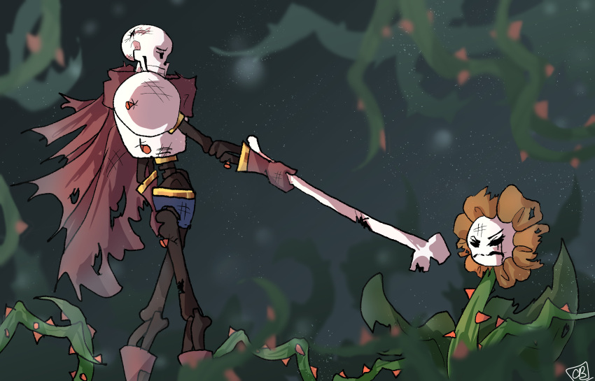 2024, 2boys, 2d, absurdres, after_battle, aiming, amorthlen, bone, boots, defeat, digital_media, duo, flower, flowey_(undertale), from_side, gloves, highres, holding, holding_bone, humanoid, injury, male, male_focus, male_only, monster, monster_boy, papyrus_(undertale), plant, red_boots, red_gloves, simple_background, skeleton, teeth, undead, undertale, utdr_(toby_fox), vines, yellow_flower