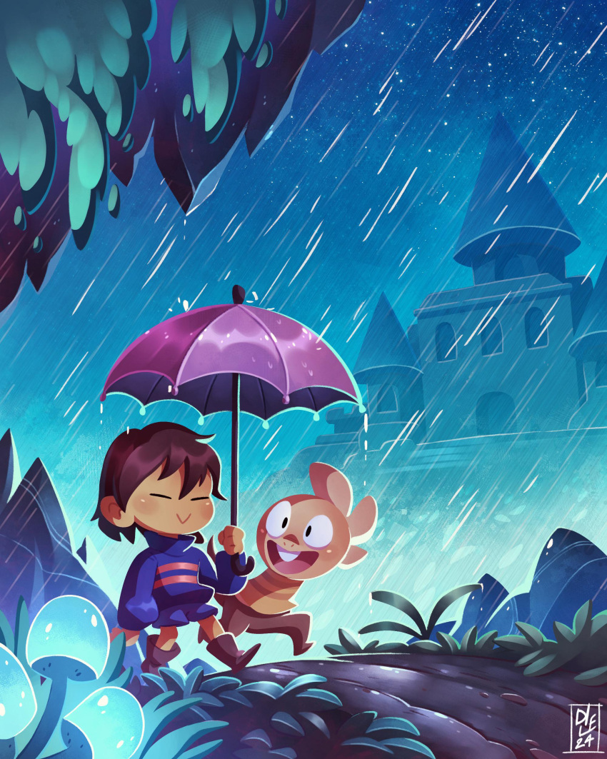 2024, 2d, 2others, ambiguous_gender, anthro, brown_hair, digital_media, dileomax, duo, frisk_(undertale), highres, holding, holding_umbrella, human, lizard, lizard_tail, monster, monster_kid_(undertale), multiple_others, mushroom, other_focus, outdoors, plant, rain, reptile, reptile_tail, scalie, short_hair, tree, umbrella, undertale, utdr_(toby_fox), walking