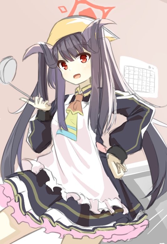 1girl, :d, apron, ascot, black_hair, black_horns, blue_archive, blunt_bangs