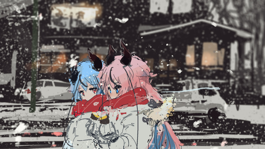 2others, alternate_costume, blue_eyes, blue_hair, blurry, blurry_background, building, car