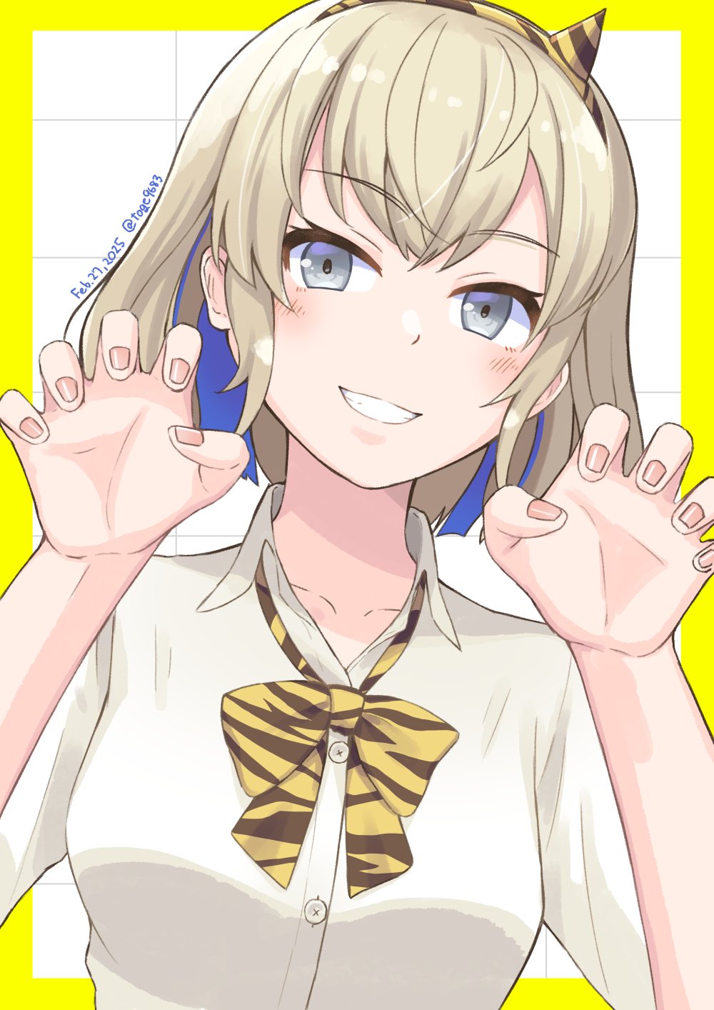 1girl, animal_print, armband, blonde_hair, blue_eyes, blue_hair, border, club_(weapon)