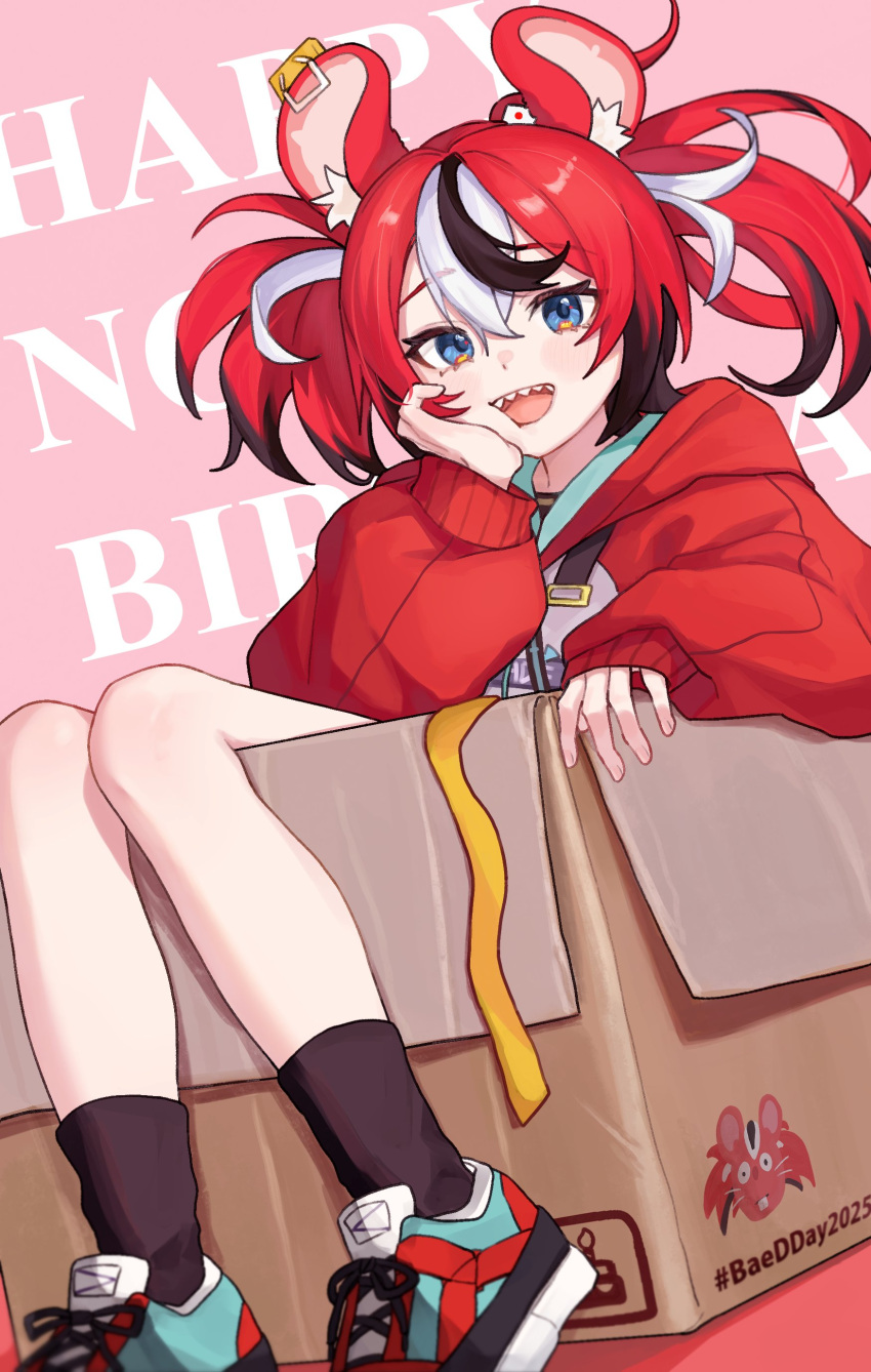 1girl, absurdres, animal_ears, black_socks, blue_eyes, box, cardboard_box, hakos_baelz, happy_birthday, highres, hololive, hololive_english, hood, hoodie, in_box, in_container, mouse_ears, multicolored_hair, pink_background, rantofish, rantomato18, red_hair, red_hoodie, sharp_teeth, shoes, sneakers, socks, streaked_hair, teeth, twintails
