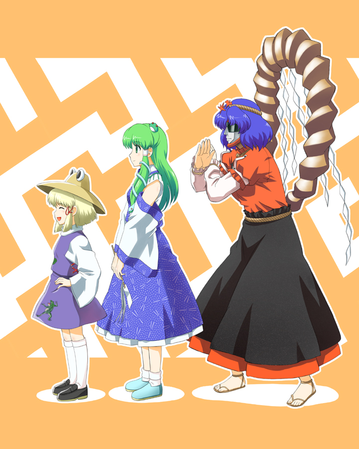 3girls, animal_print, aqua_shoes, bare_shoulders, black_shoes, black_skirt, blonde_hair, blue_skirt