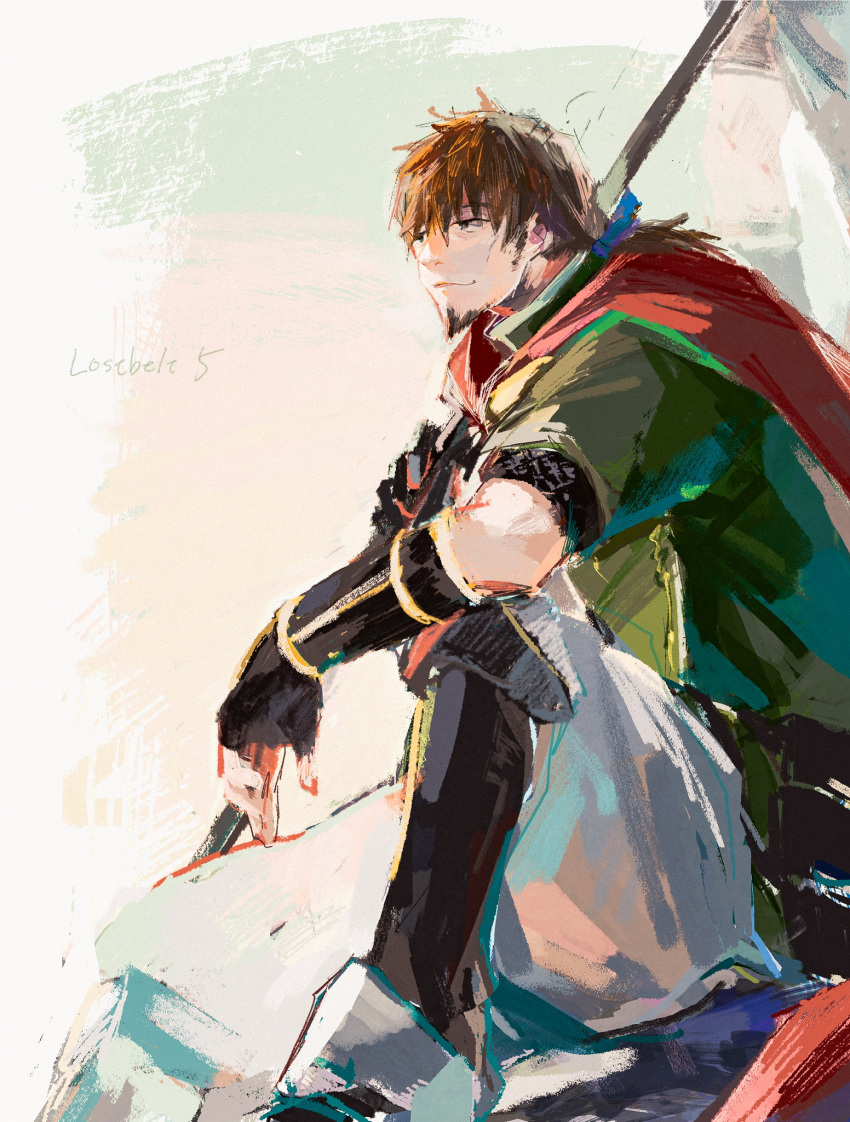 1boy, blue_ribbon, brown_hair, cape, cheekbones, closed_mouth, facial_hair, fate/grand_order