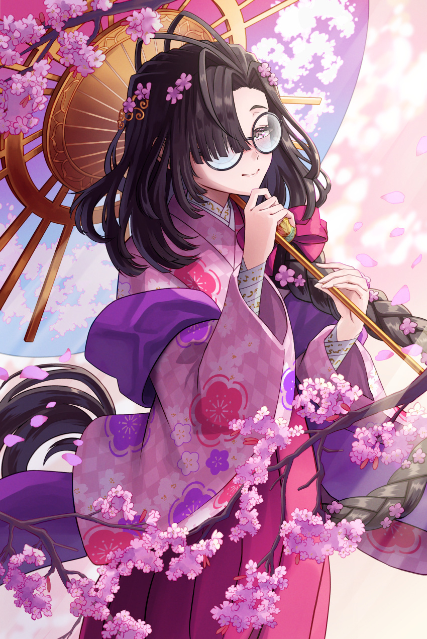 1girl, absurdres, ahoge, braid, brown_hair, cherry_blossoms, coke-bottle_glasses, fate/grand_order