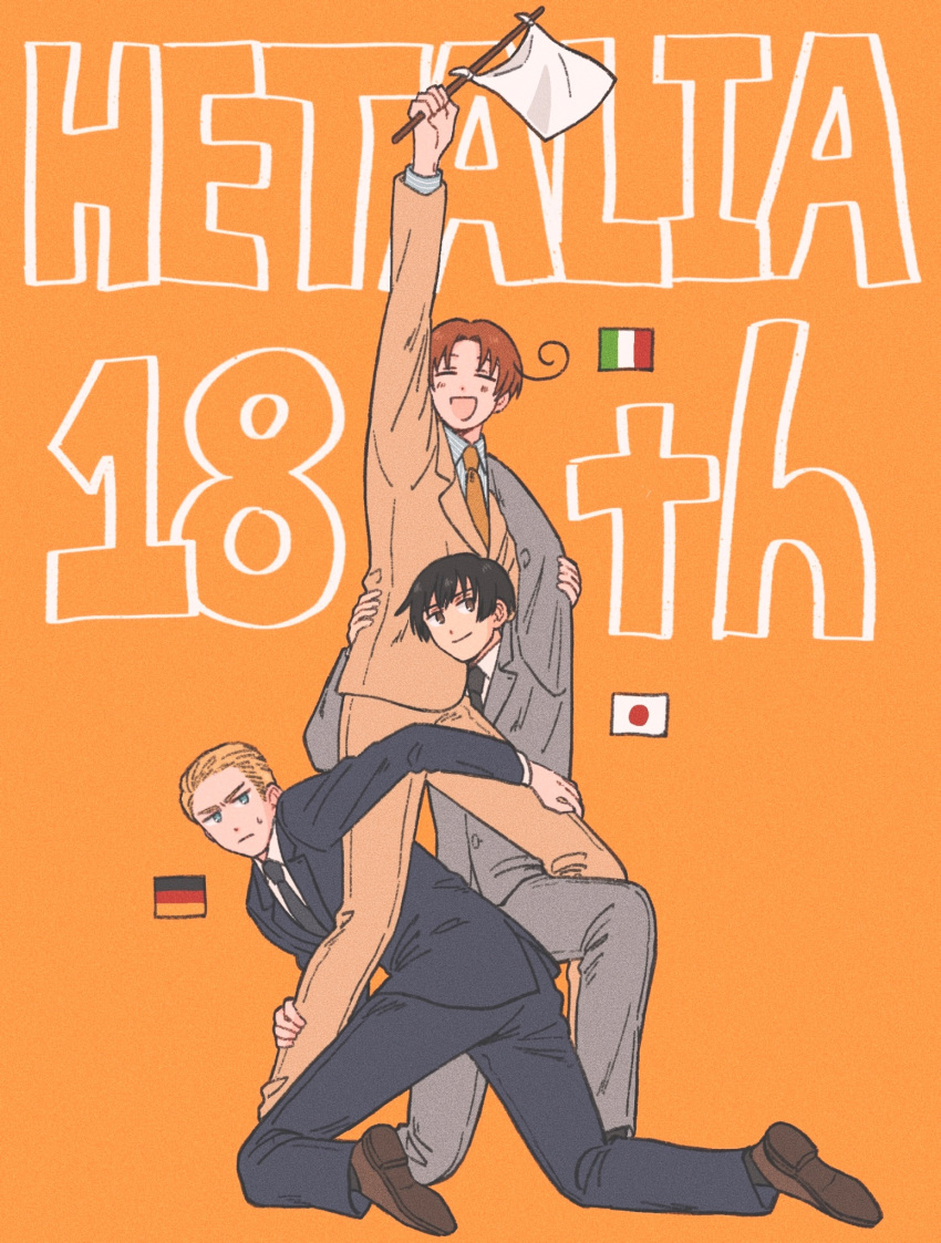 3boys, ahoge, anniversary, arms_up, axis_powers_hetalia, black_hair, black_jacket, black_necktie