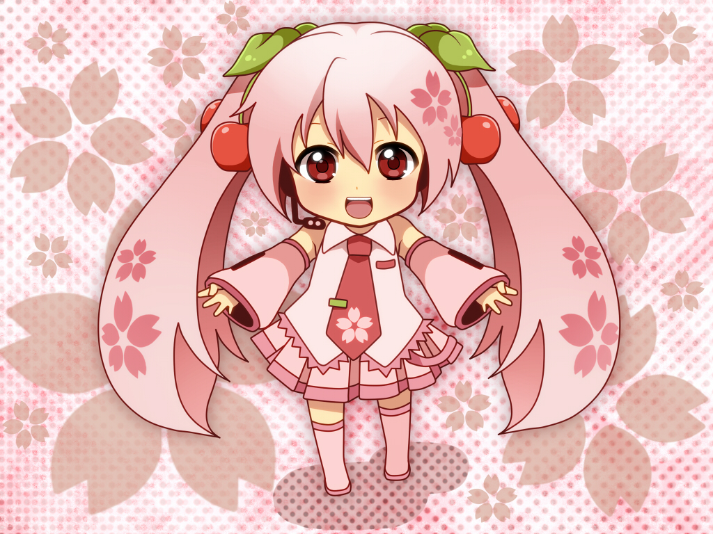 alternate_color, alternate_hair_color, cherry, cherry_blossoms, chibi, food, fruit, hatsune_miku