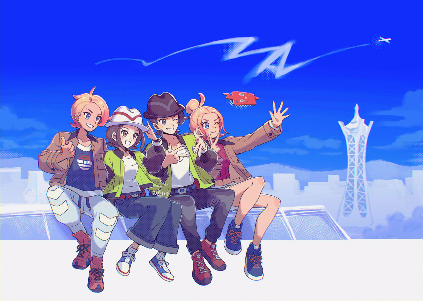 2boys, 2girls, absurdres, bell-bottoms, belt, blonde_hair, blue_eyes, breasts, brown_hair, brown_jacket, crop_top, female_protagonist_(pokemon_legends:_z-a), forehead, full_body, gradient_hair, green_jacket, grey_eyes, hat, highres, jacket, long_sleeves, lumiose_city, male_protagonist_(pokemon_legends:_z-a), mismatched_eyebrows, multicolored_hair, multicolored_jacket, multiple_boys, multiple_girls, nai_gai_hongcha, open_clothes, open_jacket, pants, pink_eyebrows, pink_hair, pokemon, pokemon_legends:_z-a, shirt, short_hair, sitting, taunie_(pokemon), tower, turtleneck, two-tone_hair, two-tone_jacket, urbain_(pokemon), white_hat, white_shirt
