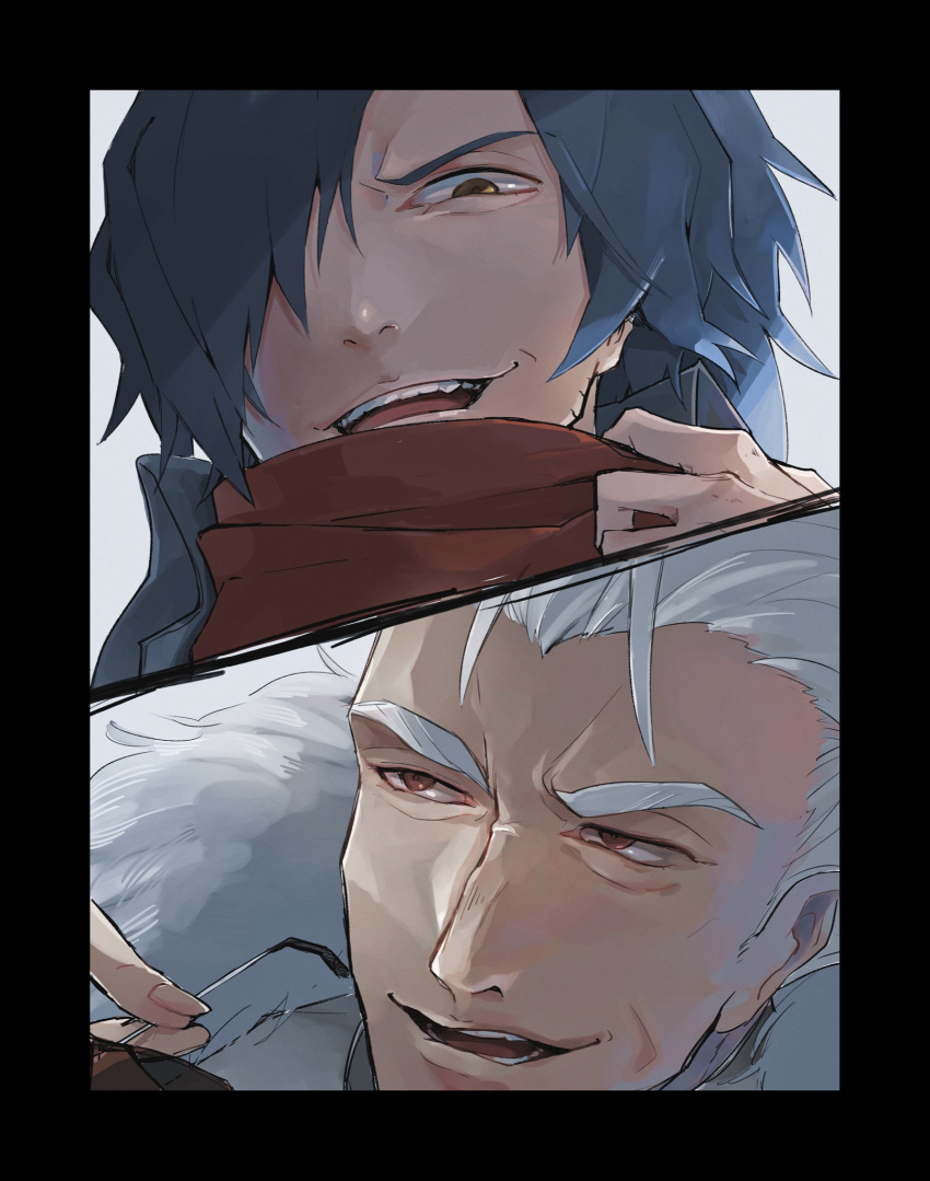 2boys, black_border, black_eyes, black_hair, border, fate/grand_order, fate_(series), grey_hair
