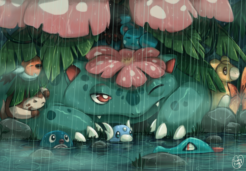 animal_focus, azurill, bright_pupils, claws, commentary, deino_(pokemon), dratini, english_commentary, fangs, fletchling, funkiestfrog, furret, mega_pokemon, mega_venusaur, no_humans, numel, pokemon, pokemon_(creature), poliwag, pond, rain, red_eyes, ripples, rock, shielding_another_from_rain, signature, totodile, venusaur, wet, white_pupils