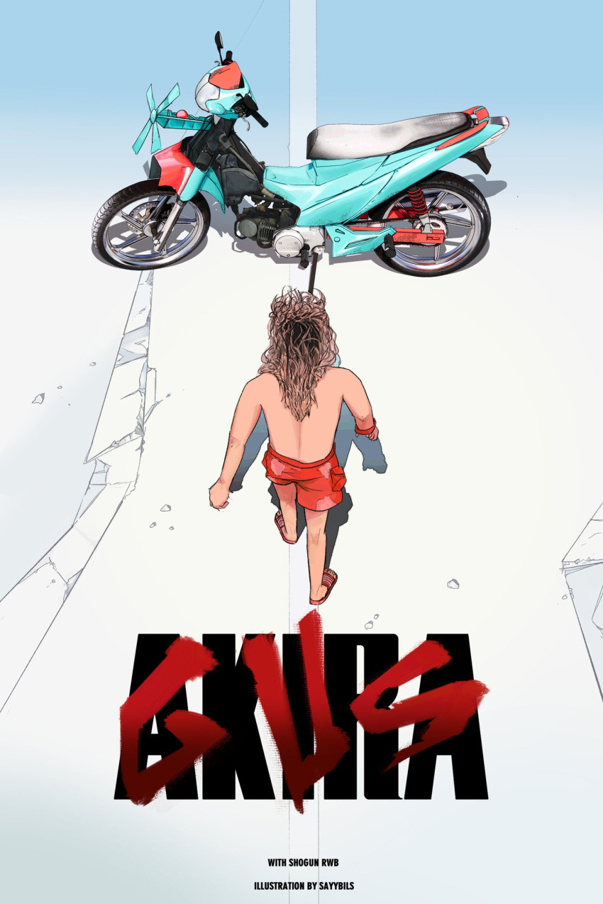 1boy, akira_(manga), akira_movie_poster, brown_hair, commentary, full_body, gus_javar, highres, long_hair, messy_hair, motor_vehicle, motorcycle, poster_parody, real_life, red_sandals, red_shorts, sandals, sayville, scooter, shadow, shorts, solo, suzuki_(company), suzuki_shogun_pro_125, topless_male, walking