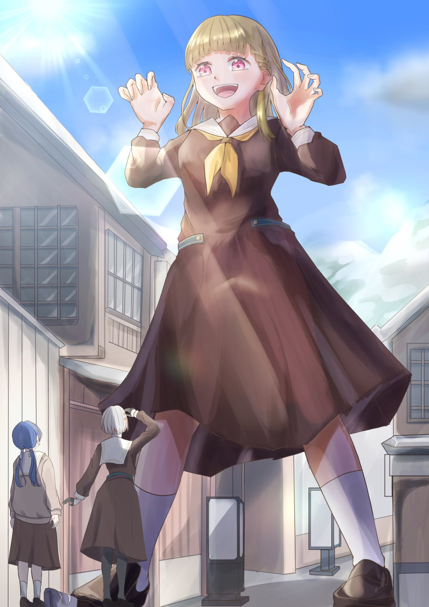 3girls, :d, arm_up, arms_at_sides, black_pantyhose, blue_hair, blue_ribbon, blue_sky