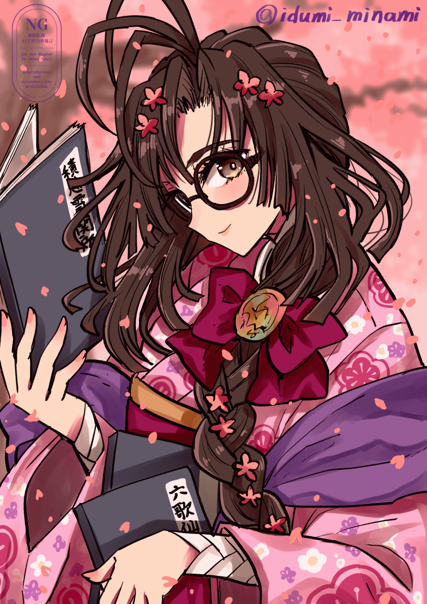 1girl, blush, book, bow, braid, braided_ponytail, breasts, brown_eyes